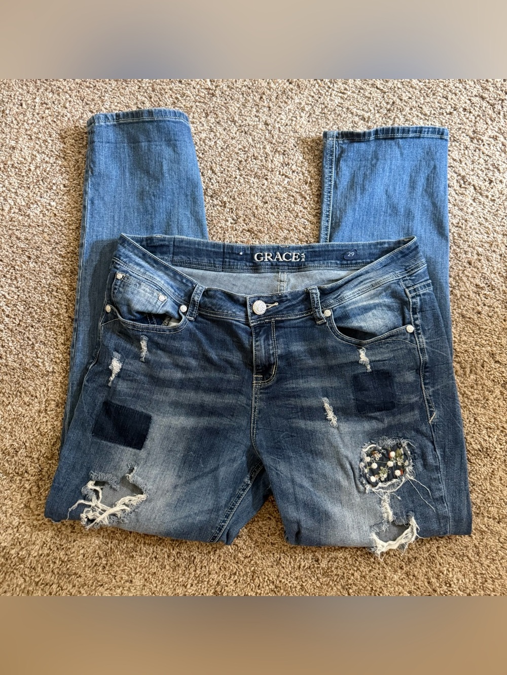 Grace in LA Size 29 Distressed Patchwork Embellished Skinny Jeans